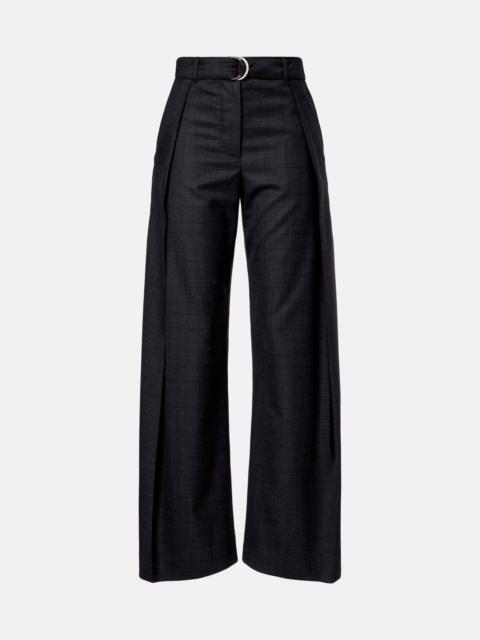 Checked belt wool barrel-leg pants