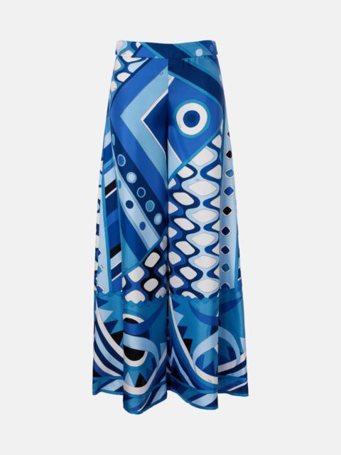 Printed high-rise silk wide-leg pants