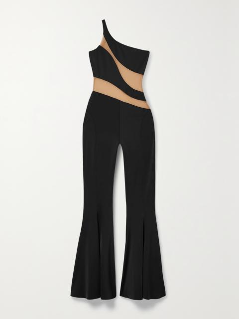 Snake One-shoulder Mesh-paneled Stretch-jersey Jumpsuit
