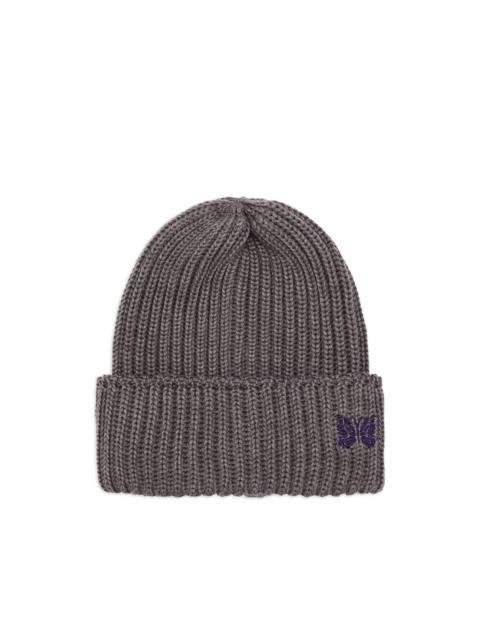 ribbed-knit butterfly-embroidery beanie