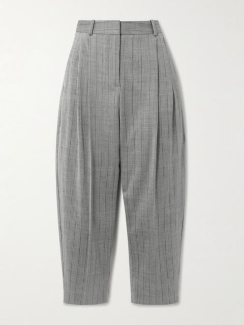 Cropped pleated pinstriped wool-blend twill tapered pants Gray