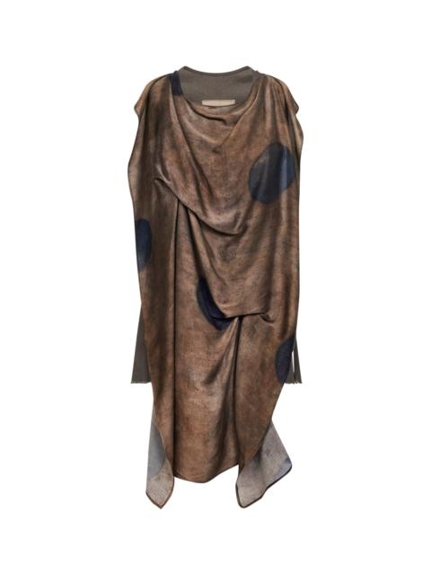 Brown stretch linen blend Taylor asymmetric top with printed panel