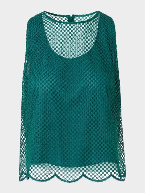 Grid Embroidered Scalloped Sleeveless Blouse