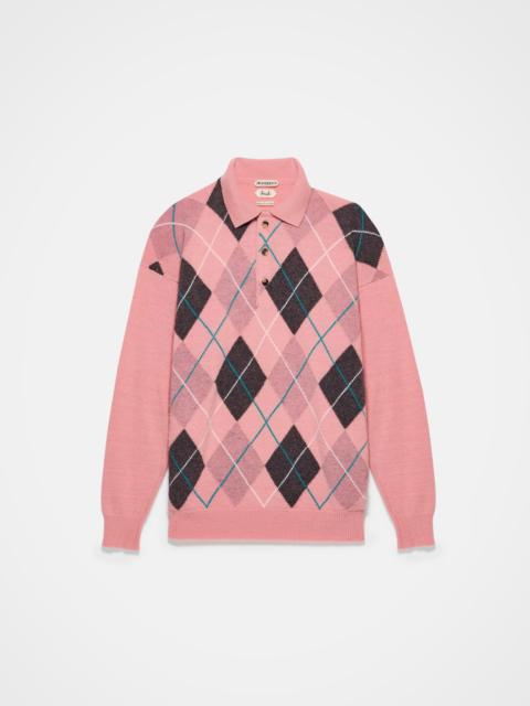 MENS JW ANDERSON X PRINGLE KNITTED ARGYLE POLO TOP IN BUBBLEGUM