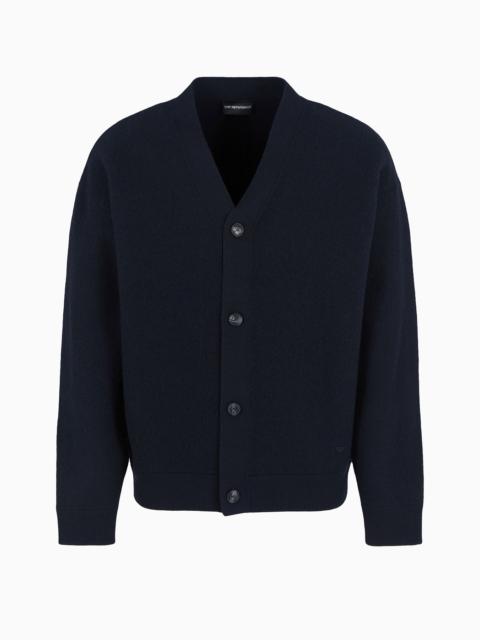 V-neck cardigan made of virgin wool with a jersey-fleece effect