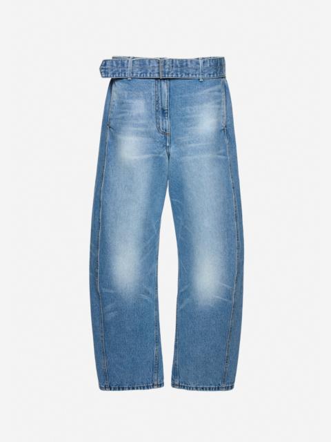 Belted wide-leg denim trousers in light blue