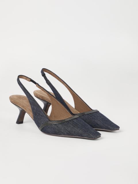 Cotton denim-effect twill slingback city heels with shiny contour