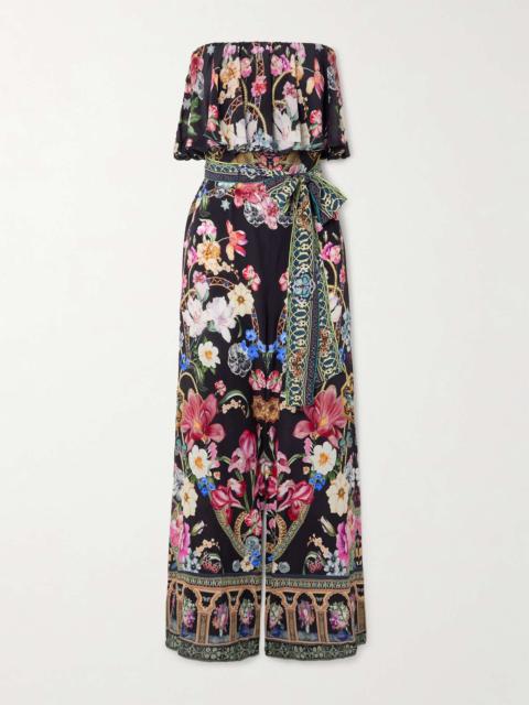 Strapless embellished printed silk crepe de chine jumpsuit