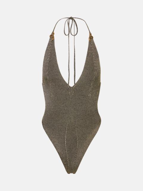 Embellished halterneck lamé bodysuit