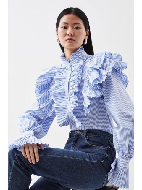 Pleated Striped Ruffle Woven Shirt