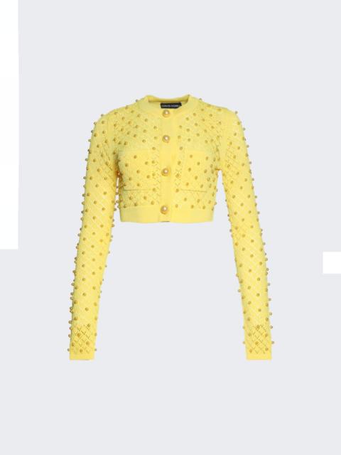 Allover Pearl Detail Long Sleeve Cardigan Knit Top Yellow