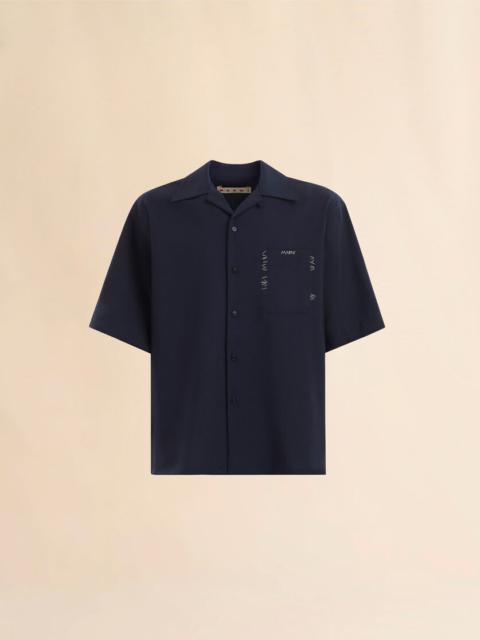 DEEP BLUE TROPICAL WOOL BOWLING SHIRT WITH MARNI MENDING