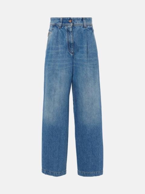 Pleated high-rise wide-leg jeans