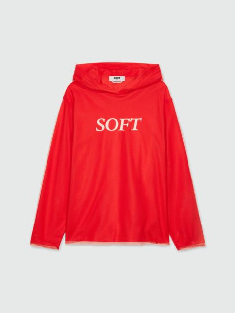 Red hooded sweatshirt in tulle and cotton with "SOFT" print