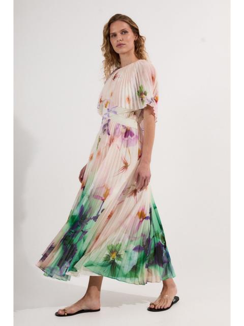 Pleated Floral Cape Sleeve Low Back Woven Maxi Dress