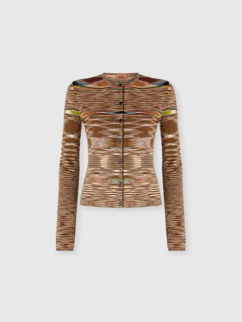 Short Crew Neck Cardigan in Smooth Flame Knit