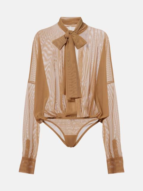 Sheer tie-neck mesh bodysuit