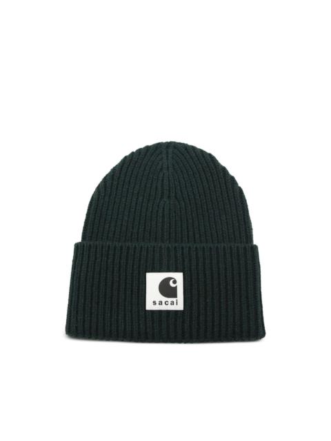x Sacai ribbed logo-patch beanie