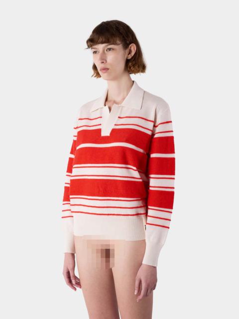 STRIPED KNIT LONSGLEEVE POLO / off white & acid red