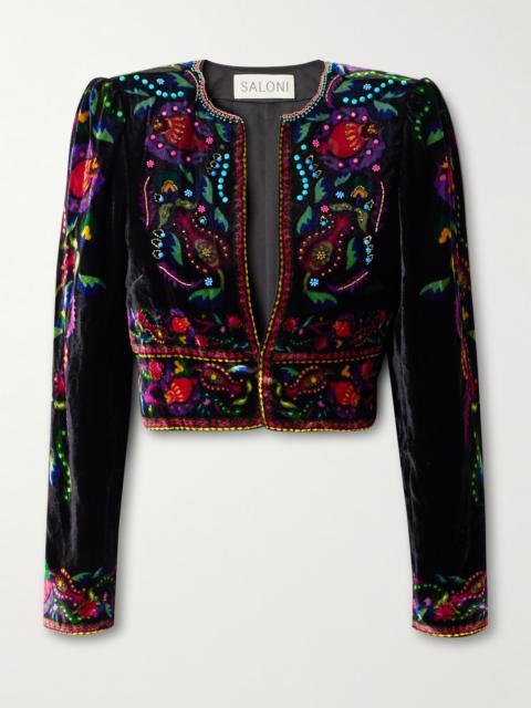 Vika Cropped Beaded Printed Velvet Jacket