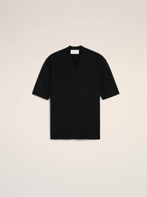 BLACK WOOL SHORT SLEEVES V NECK SWEATER