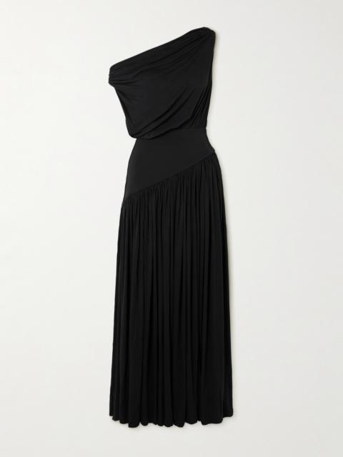 One-shoulder Asymmetric Draped Jersey-trimmed Stretch-bamboo Maxi Dress