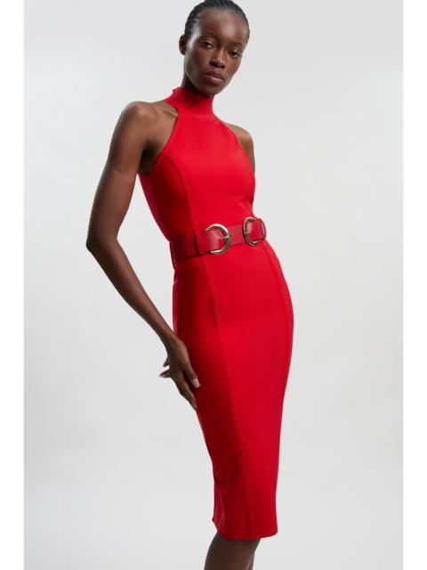 Bandage High Neck Buckle Trim Midi Dress