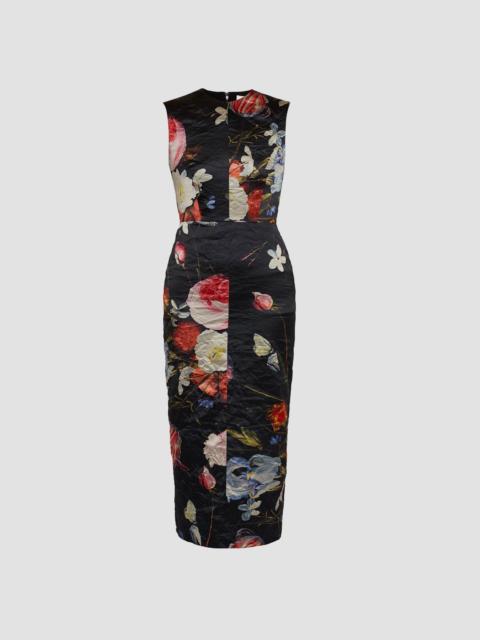 FLORAL PRINT TEXTURED SATIN SLEEVELESS MIDI DRESS