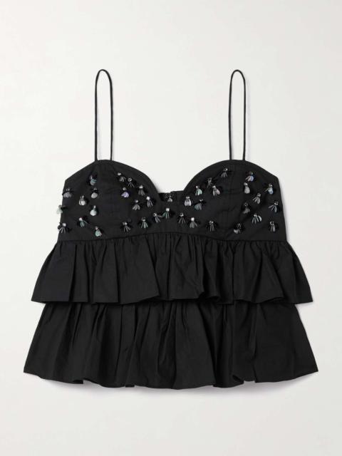 Lucia cropped embellished ruffled cotton-poplin top Black
