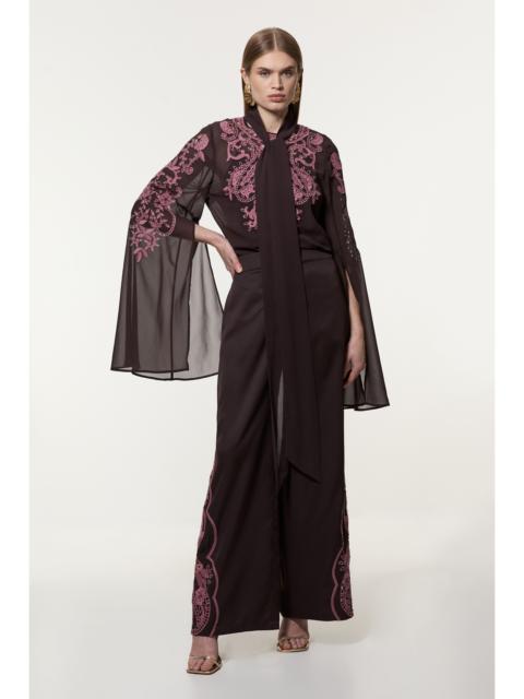 Tall Cutwork Beaded Georgette Tie Neck Woven Blouse With Drama Sleeve