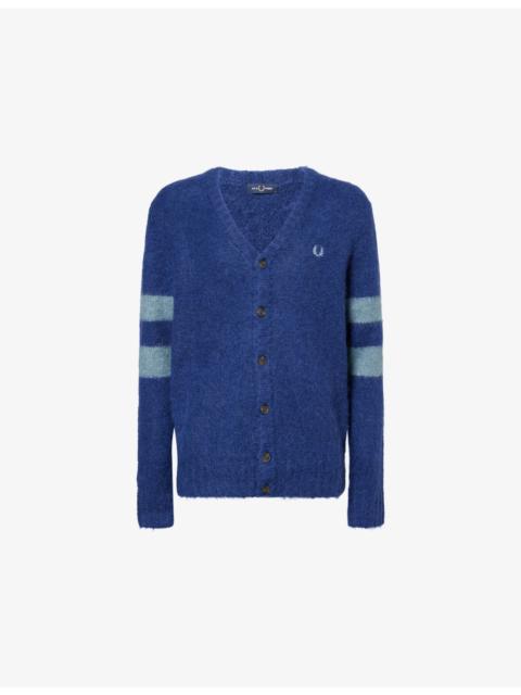 Logo-Embroidered Striped-Sleeve Wool Blend Cardigan