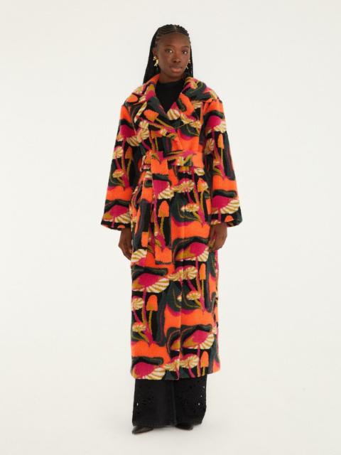 Black Wild Mushrooms Maxi Fleece Coat