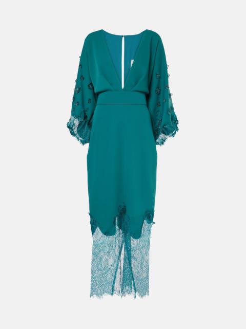 Lace-trimmed draped midi dress