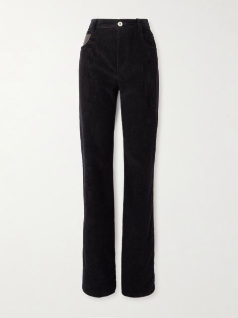 Leather-trimmed cotton-corduroy straight-leg pants Midnight blue