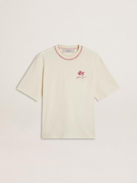 CNY worn-white sleeveless T-shirt with red embroidery