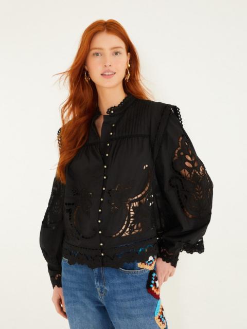 Black Richelieu Puff Sleeve Organic Cotton Blouse