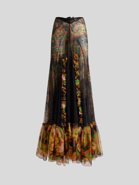 SILK MAXI SKIRT WITH LACE AND FLORAL MOTIF