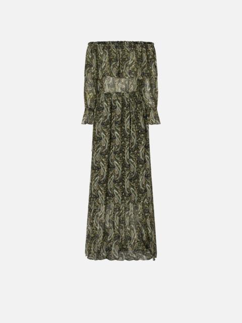 OFF-THE-SHOULDER LONG DRESS WITH CASHMERE PRINT