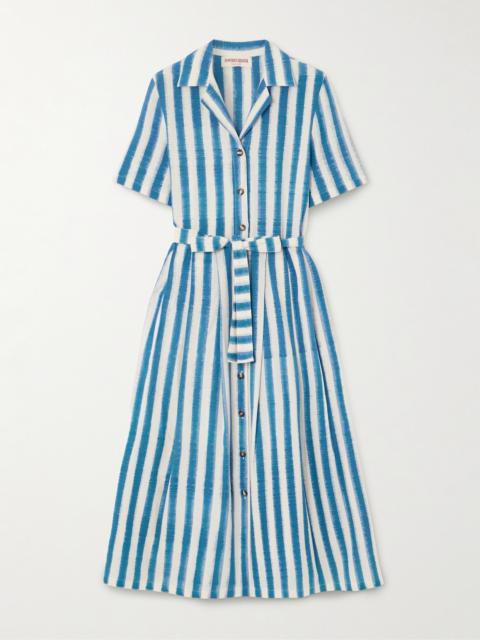 Claudia Belted Pleated Striped Cotton Midi Shirt Dress
