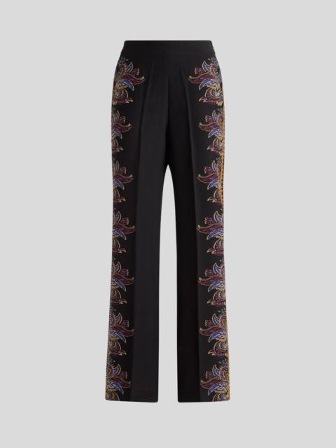 SILK PALAZZO TROUSERS WITH PLACED PAISLEY FOLIAGE PRINT