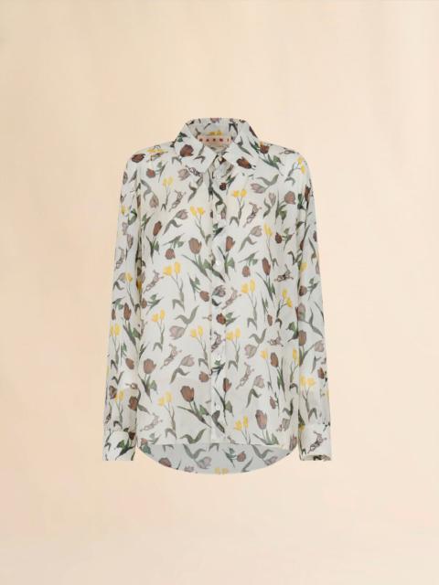 CREAM CHIFFON SHIRT WITH TULIPS AND HARES PRINT