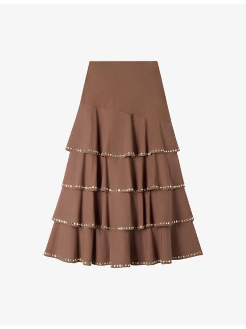 Ruffled Rhinestone-Embellished Cotton Maxi Skirt