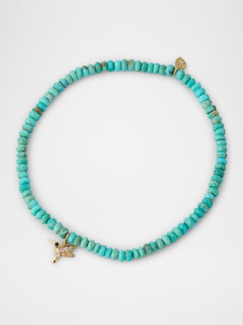 14K Yellow Gold Tiny Hummingbird Diamond Charm and Arizona Turquoise Bead Bracelet