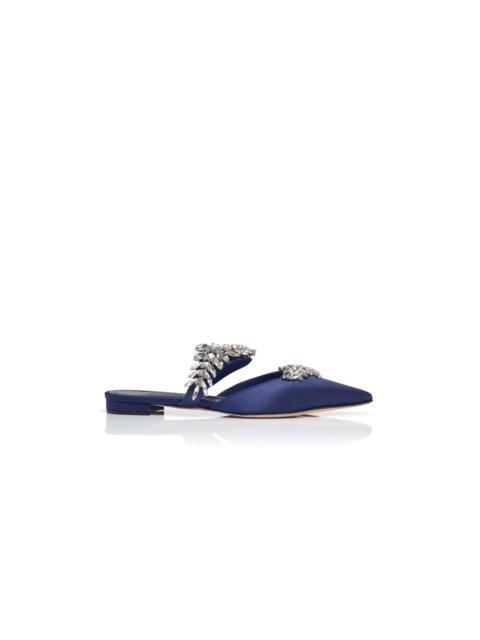 Navy Blue Satin Crystal Embellished Flat Mules