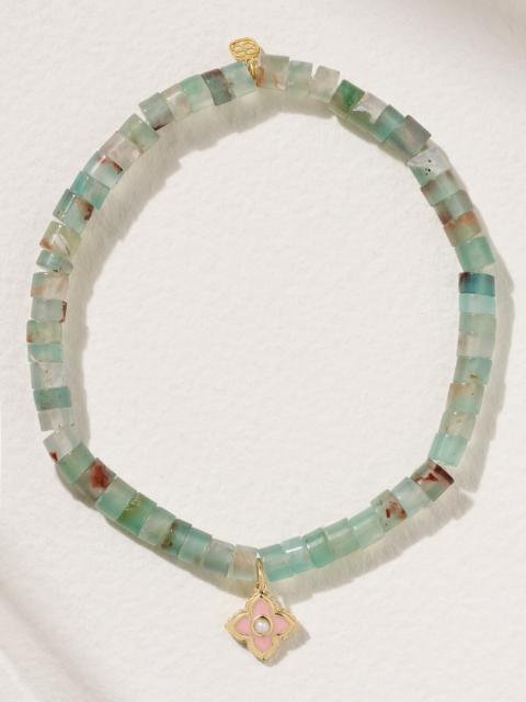 Moroccan Flower 14-karat Gold, Aquaprase, Enamel And Pearl Bracelet