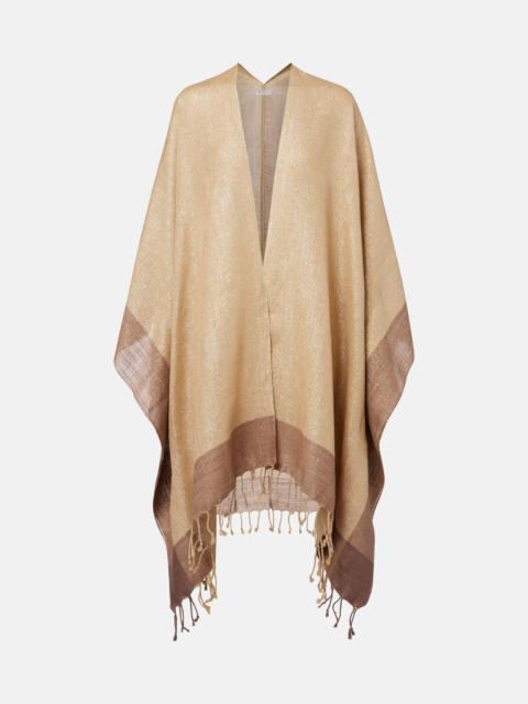 Fringed linen-blend lamé poncho