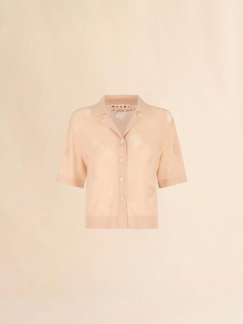 PALE PEACH WOOL-SILK KNIT OPENWORK SHIRT
