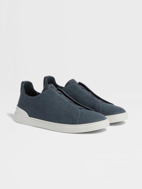 DARK TEAL BLUE COTTON LINEN AND LEATHER TRIPLE STITCH™ SNEAKERS