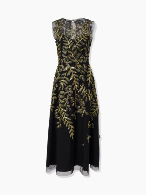 Gold Leaf-Embroidered Tulle Midi Dress