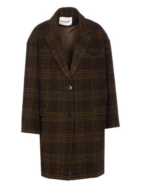 checked V-neck wool single breasted coat